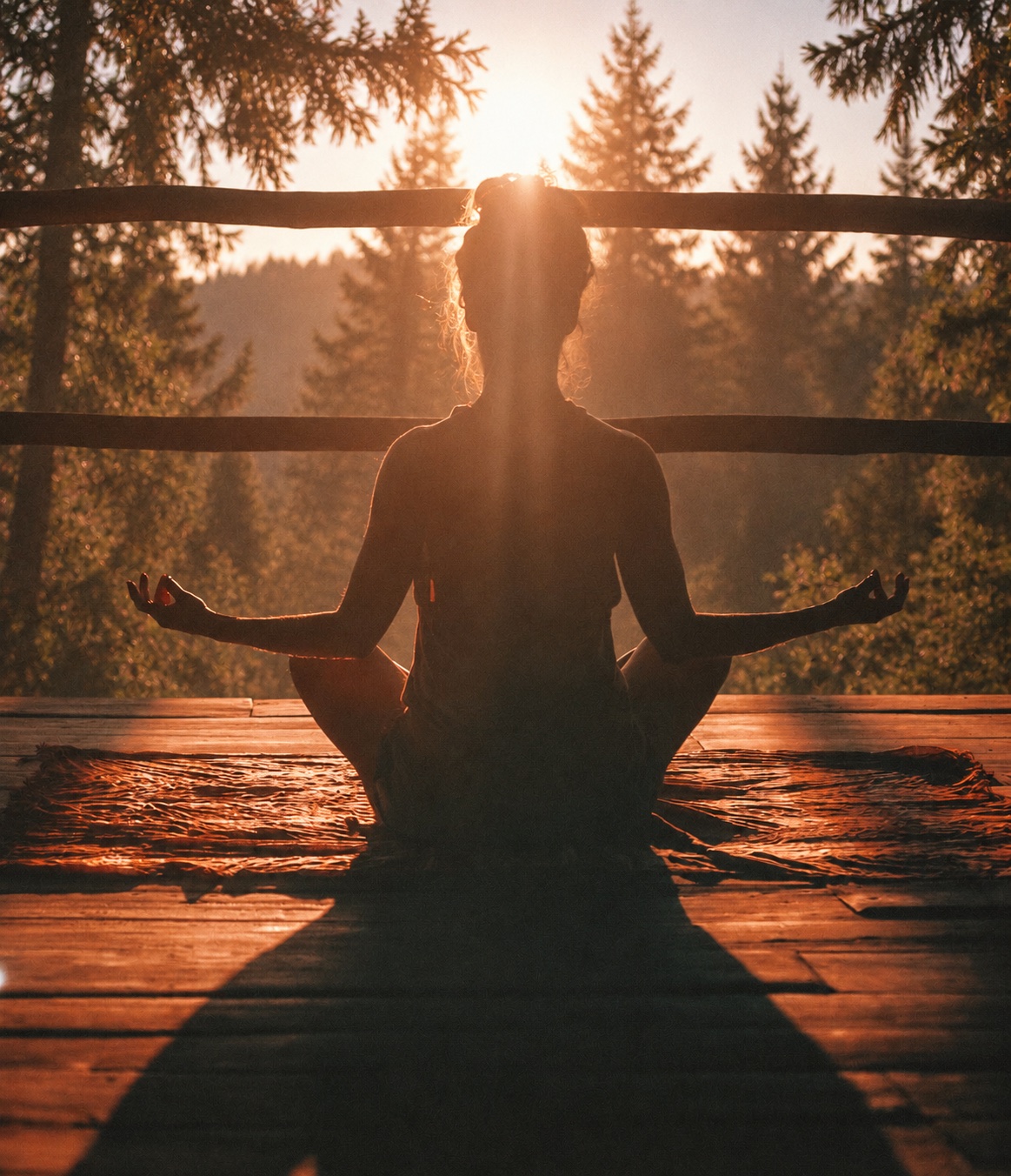 Практика сидячей асаны на фоне хвойных деревьев